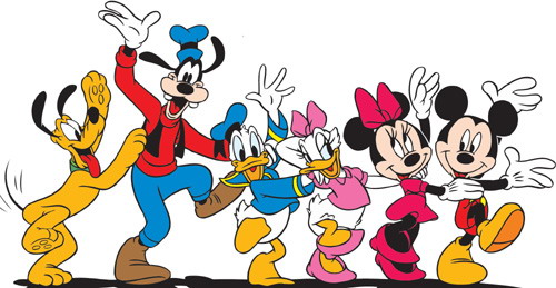 Bewohner von Entenhausen: Pluto, Goofy, Donald Duck, Daisy, Minnie und Micky Maus