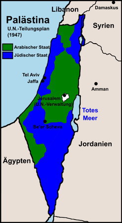 Der UN-Teilungsplan von 1947 für das britische Mandatsgebiet Palästina westlich des Jordans - Karte mit Jüdischem Staat in blau, arabischer Staat in grün
