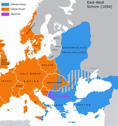 Karte der Ost-West-Kirchenspaltung im Jahre 1054 (Schisma) mit den damaligen Landesgrenzen.Orange: römische-katholische Kirche / Blau: orthodoxe Kirche