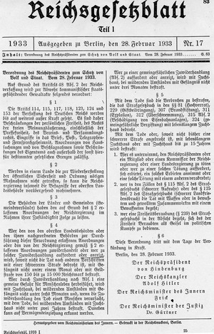 "Verordnung des Reichspräsidenten zum Schutz von Volk und Staat vom 28. Februar 1933, auch Reichstagsbrandverordnung genannt