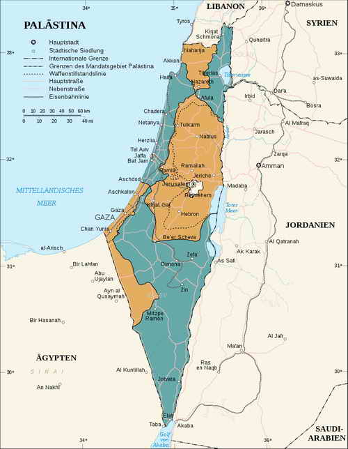 Der UN-Teilungsplan gemäß Resolution 181 von 1947 für das britische Mandatsgebiet Palästina westlich des Jordans - Jüdischer Staat in blau, arabischer Staat in braun 