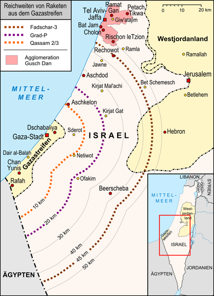 Karte der durch Raketen aus dem Gazastreifen bedrohte Gebiete in Israel