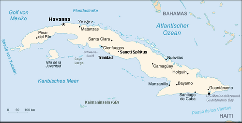 Karte von Kuba. Der US-Marinestützpunkt Guantanamo befindet sich im Süden-Osten von Kuba.