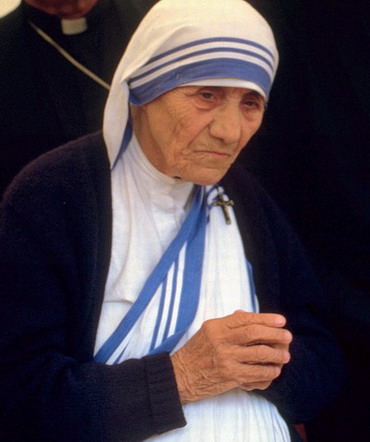 Mutter Teresa; 1986 bei einer Pro-life-Kundgebung auf dem Münsterplatz in Bonn