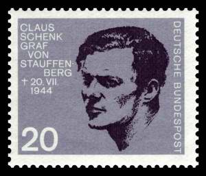 Claus Graf Schenk von Stauffenberg *15.11.1907, Zum 20. Jahrestag des Attentats brachte die Deutsche Bundespost einen Briefmarkenblock mit acht Widerstandskämpfern heraus (1964)
