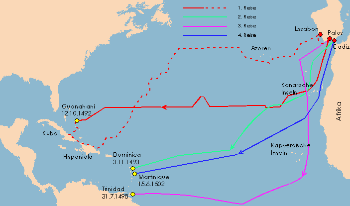 Routen der Reisen von Christoph Kolumbus ab 1492, Karte