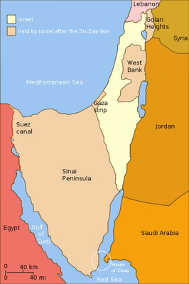 Von Israel (gelb) im Sechstagekrieg 1967 besetzte Gebiete, zum Vergrößern hier klicken