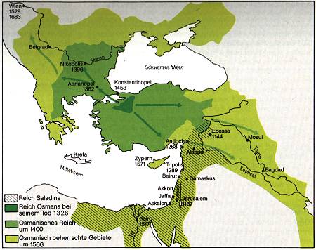 Karte zeigt die Ausbreitung des Osmanisches Reiches bis 1566