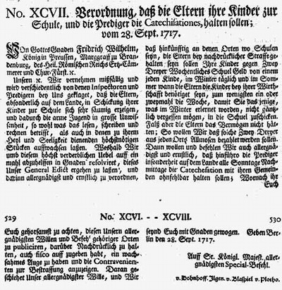 Verordnung zur Einführung der Allgemeinen Schulpflicht in Preußen vom 28.09.1717