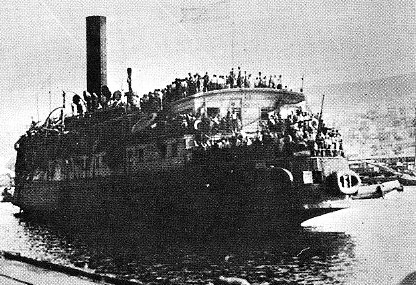 20. Juli 1947: Die Exodus from Europe, eigentlich President Warfield bei ihrer Ankunft im Hafen Haifa