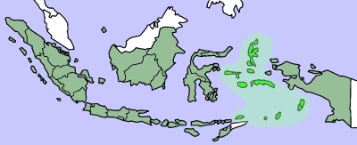 Die Molukken sind eine Inselgruppe zwischen Sulawesi und Neuguinea und gehören zu Indonesen, auf der Karte hellgrün. Sie werden auch „Gewürzinseln“ genannt,