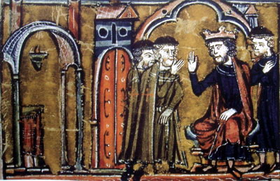Balduin II., König von Jerusalem (2. von rechts), übergibt einen Teil seines Königspalastes (heute al-Aqsa-Moschee) an die Templer Hugo von Payens und Gottfried von Saint-Omer 