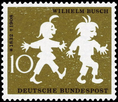 Gedenkmarke der Deutschen Bundespost 1958 zu Wilhelm Buschs 50. Todestag
