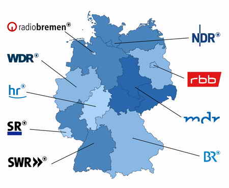 Karte der heutigen 9 Landesrundfunkanstalten der ARD