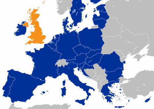 Karte des BrExit: Großbritannien (orange) hat EU (blau) verlassen. 
