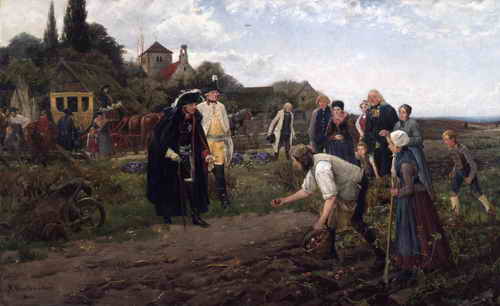 König Friedrich II. von Preußen (1712-1786) inspiziert auf einer seiner Reisen den Kartoffelanbau. 
