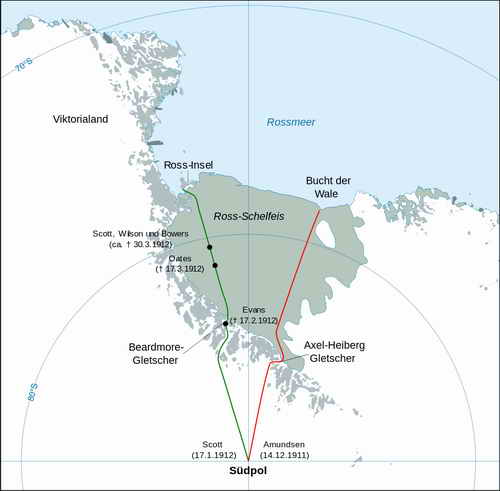 Route der Expeditionen von Scott (grün) und Amundsen (rot) 1911 zum Südpol.