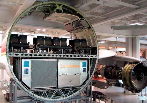 Rumpfquerschnitt (oben Kabine für die Passagiere, unten Cargo Container) und rechts daneben ein Triebwerk einer A300 im Deutschen Museum in München