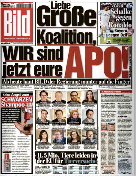 Bild-Schlagzeile zur großen Koalition 2013: "Liebe Große Koalition, WIR sind jetzt eure APO! Ab heute haut BILD der Regierung munter auf die Finger"