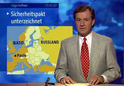 27.05.1997: In der 20-Uhr-Ausgabe der Tagesschau / ARD lauten die ersten Sätze von Jan Hofer: "Die NATO und Russland, ehemals Feinde im Kalten Krieg sind jetz Partner. Sie wollen künftig gemeinsam den Frieden in Europa sichern. Die Staats- und Regierungschefs der Allianz und der russische Präsident Jelzin unterzeichneten heute den mühsam ausgehandelten Sicherheitspakt."