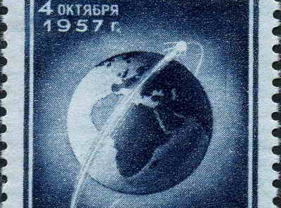 Sowjetische Briefmarke anlässlich Sputnik 1, 1957, dem 1. künstlichen Satelliten im All
