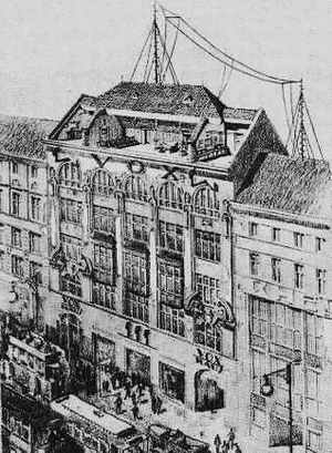 Zeichung des Vox-Hauses in der Nähe des Potsdamer Platzes in Berlin. Die Antenne war zwischen zwei Masten auf dem Vox-Haus und dem Hotel Esplanade aufgespannt.