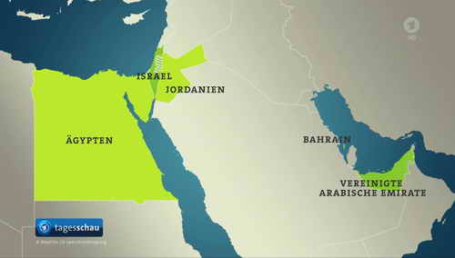 Karte der arabischen Staaten, die mit Israel Frieden geschlossen haben: Ägypten, Jordanien, Vereinigte Arabische Emirate und Bahrain (Insel im Persischen Golf) 