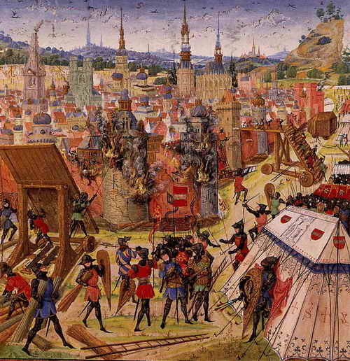 Mittelalterliches Gemälde der Belagerung Jerusalems durch die Kreuzfahrer 1099