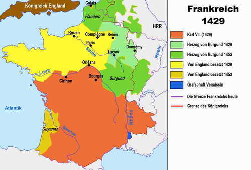 Frankreich-Karte zur Zeit des Hunderjährigen Kriegs 1429 bis 1453. Die Gebiete in gelb sind von England besetzt