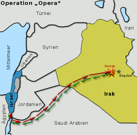 Operation Opera- Flugroute der israelischen Luftwaffe auf den Kernreaktor Tammuz-1 (Osirak) im Irak