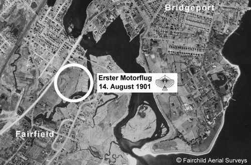 Luftbild von Fairfield im US-Bundesstaat Connecticut, wo Gustav Weisskopf mit seiner selbstgebauten Flugmaschine "Nr. 21", der er den Namen 'Condor' gegeben hatte, zum ersten erfolgreichen motorbetriebenen Flug der Geschichte startete