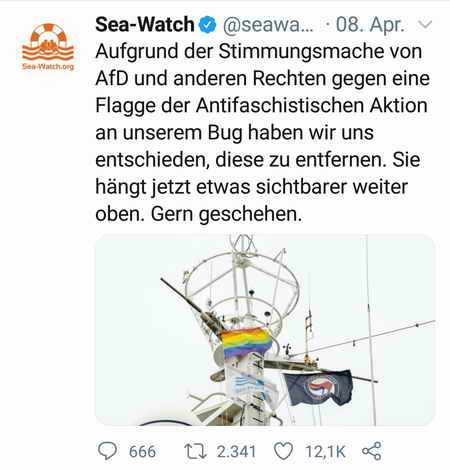 Tweet bezüglich Antifa-Flagge von Sea-Watch am 08.04.2021 über Twitter: 