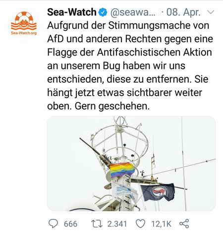 Tweet bezüglich Antifa-Flagge von Sea-Watch am 08.04.2021 über Twitter: