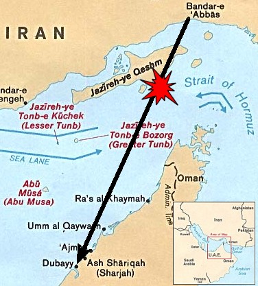 Karte mit Startpunkt und geplantem Landepunkt des Airbus der Iran Air - Flug IA655 am 03.07.1988 sowie die ungefähre Position beim Abschuss durch den Kreuzer USS Vincennes (CG-49) der US-Marine
