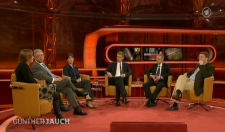 03.02.2013: Ab 21.45 Uhr in der ARD: GÜNTHER JAUCH - In Gottes Namen wie gnadenlos ist der Konzern Kirche? Gäste, von links: Journalistin Eva Müller, Journalist und Theologe Peter Lohmann, NRW- Gesundheitsministerin Barbara Steffens, Caritas- Präsident Peter Neher und Gynäkologe Dr. Bernhard von Tongelen